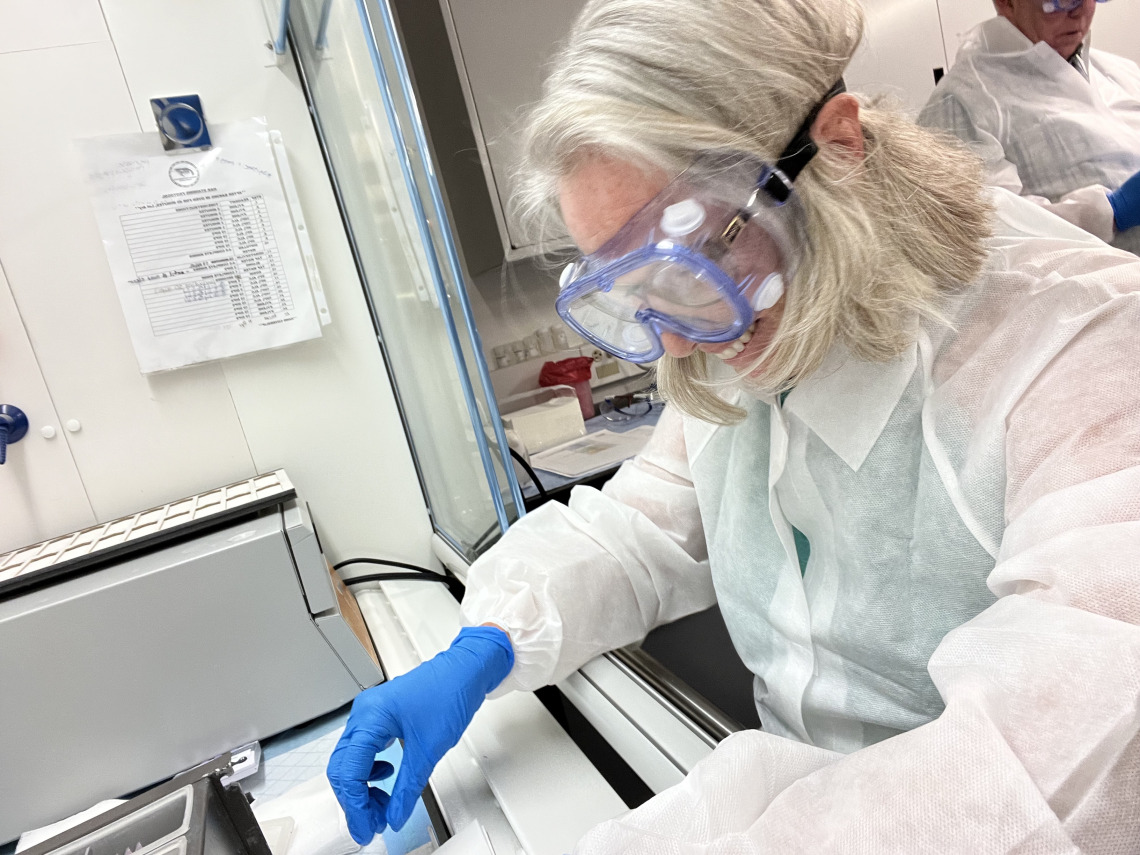 Image of a person in lab coat and goggles working inside of a fume hood